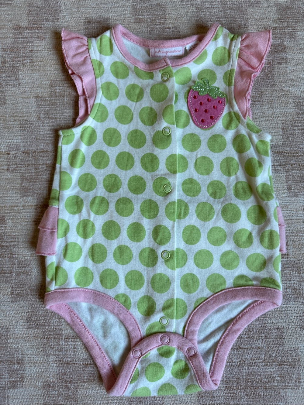 First Impressions Pink Ruffle Green Polka Dot Strawberry Baby Romper size 6-9M